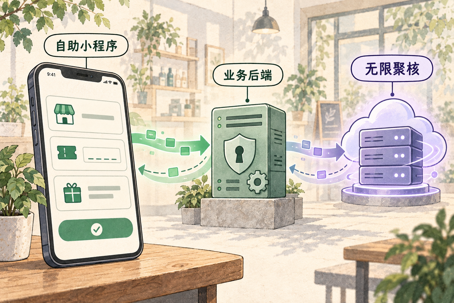 手机中的自助小程序经业务后端调用无限聚核接口的技术动漫示意